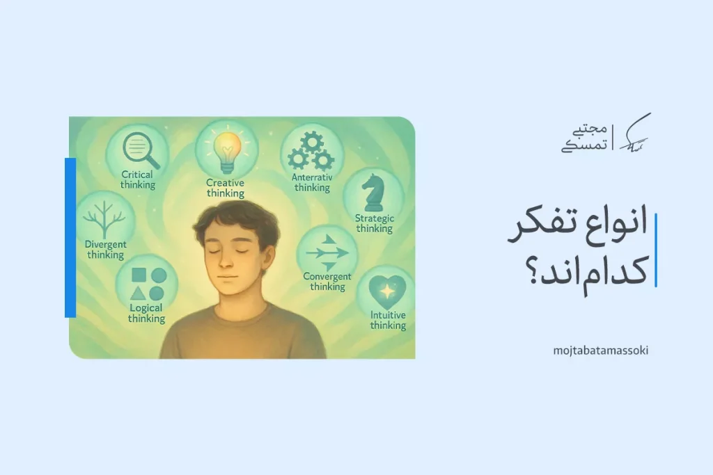 تعریف تفکر و انواع آن؛ همه چیز درباره مهارت فکر کردن 3 تصویر فردی با چشمان بسته در حال تمرکز ذهنی، surrounded by نمادهای مختلفی از تفکر خلاق، منطقی و انتقادی که انواع تفکر را نشان میدهد.