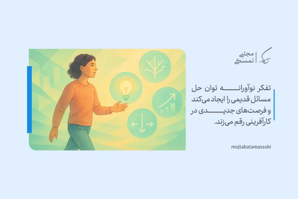 تعریف تفکر و انواع آن؛ همه چیز درباره مهارت فکر کردن 6 تصویر فردی در حال حرکت با نماد لامپ روشن و نمودار رشد که نشاندهنده تفکر نوآورانه و خلق ایدههای تازه در کارآفرینی است.