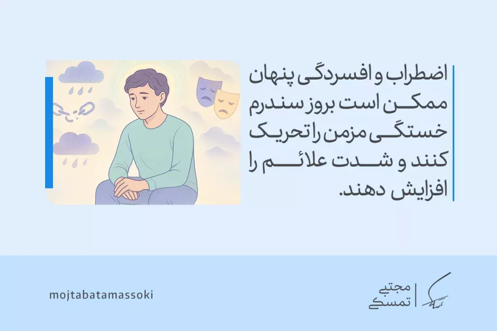 مردی اندوهگین نشسته و در اطرافش ابرهای بارانی و ماسک غم دیده می‌شود که ارتباط اضطراب با سندرم خستگی مزمن را نشان می‌دهد.