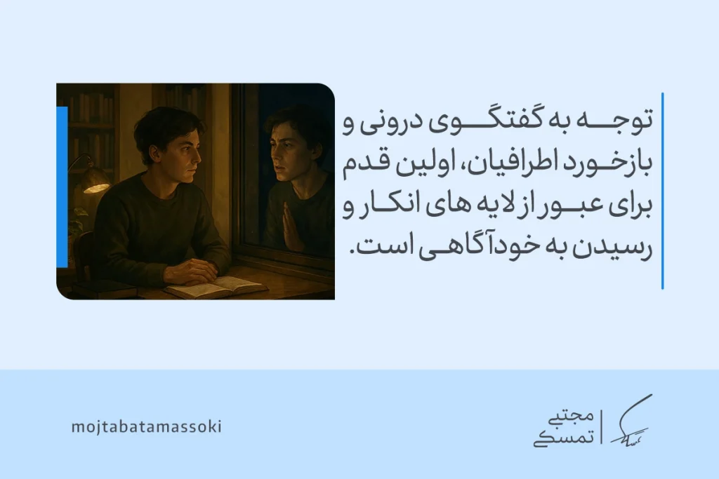 مردی در حال نگاه به تصویر خود در آینه، نماد درون‌نگری و عبور از مکانیزم دفاعی انکار است که فرد را به آگاهی و پذیرش واقعیت می‌رساند.