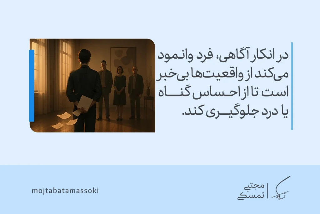 مردی با برگه‌های افتاده در اتاق و چهره جدی، بیانگر مکانیزم دفاعی انکار است که فرد برای نپذیرفتن واقعیت دردناک از آگاهی خود جلوگیری می‌کند.