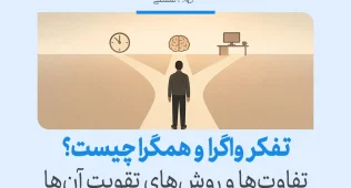 تفکر واگرا در برابر تفکر همگرا؛ کدام برای حل مسئله بهتر است؟ 1 فردی در دوراهی انتخاب نشان داده شده که میان مسیرهای مختلف نماد مغز و زمان قرار دارد و مفهوم تفکر همگرا و واگرا را نمایش میدهد.