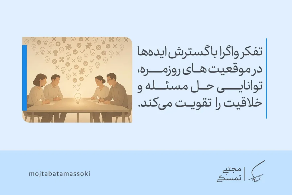 تفکر واگرا در برابر تفکر همگرا؛ کدام برای حل مسئله بهتر است؟ 3 چهار نفر در حال بحث و تبادل ایده نشان داده شدهاند که با همکاری و خلاقیت، مفهوم تفکرهمگرا و واگرا را در فرآیند حل مسئله به تصویر میکشند.
