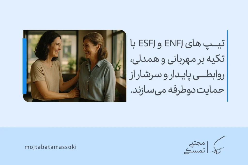 تیپ شخصیت ENFJ چیست؟ ویژگیها و تحلیل کامل این شخصیت 5 تصویر دو زن که با لبخند و مهربانی گفتگو میکنند، مفهوم همدلی و حمایت دوطرفه بین ENFJ و ESFJ را بازتاب میدهد و نقش تیپ شخصیتی enfj را نشان میدهد.