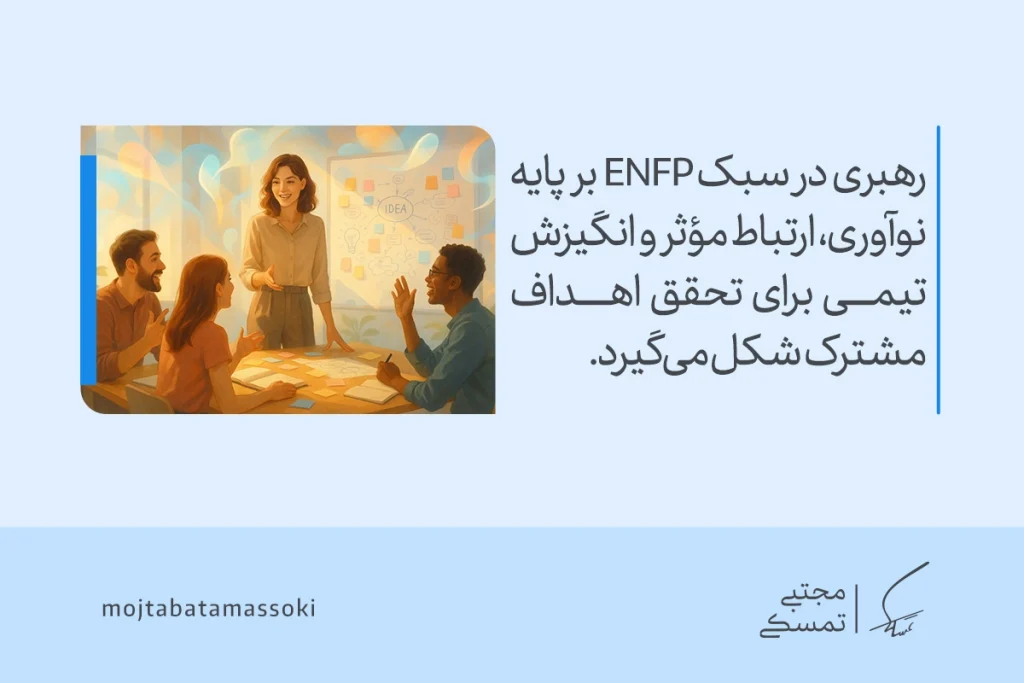 تحلیل کامل تیپ شخصیتی ENFP؛ قهرمان،خلاق، پرانرژی و الهامبخش 4 تصویری از رهبری تیم خلاق با تأکید بر نوآوری، ارتباط مؤثر و انگیزش مشترک که تیپ شخصیتی enfp را برجسته نشان میدهد.