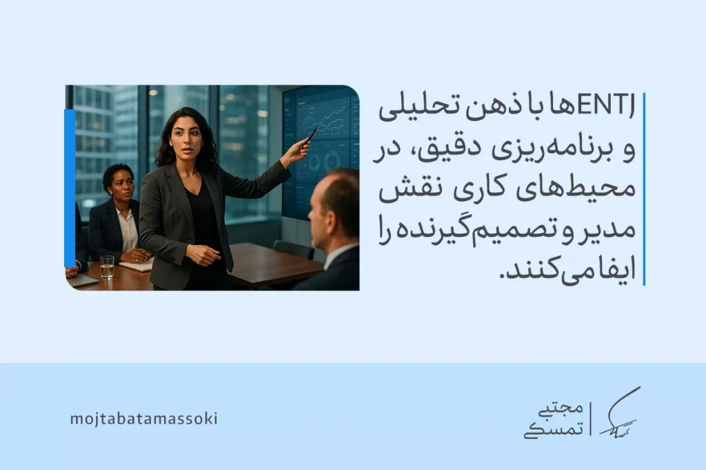 زنی با کت رسمی در جلسه کاری روبه‌روی تیم خود ایستاده و با اشاره به نمودارها نقش رهبری و تحلیل‌گری تیپ شخصیتی ENTJ را نشان می‌دهد.