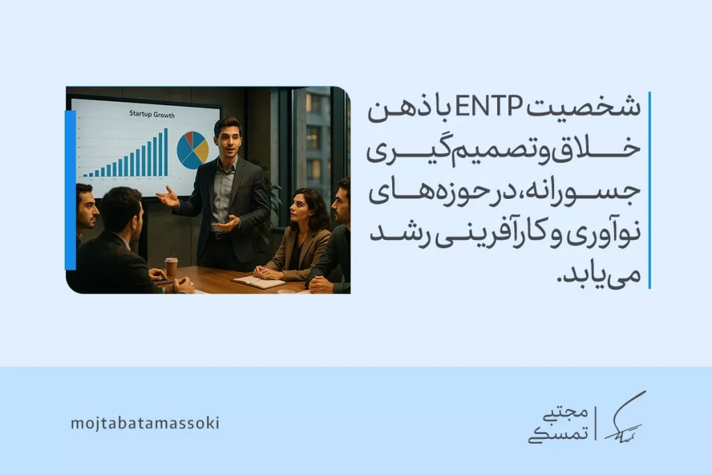 تحلیل تیپ شخصیتی ENTP؛ فردی خلاق، پرانرژی و ماجراجوی فکری 6 تصویر مردی ارائهدهنده در جلسه کاری که رشد استارتاپ را توضیح میدهد و ذهن خلاق و تصمیمگیری جسورانهٔ تیپ شخصیتی entp را در مسیر نوآوری بازتاب میدهد.