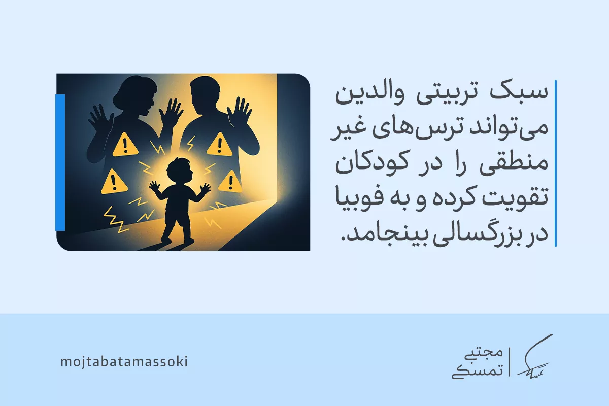 لیست کامل انواع فوبیا | با رایجترین ترسهای بشر آشنا شوید 3 تصویر کودک مقابل والدین مضطرب که با هشدارها احاطه شده، نشان میدهد تربیت غلط میتواند انواع فوبیا ایجاد کند.