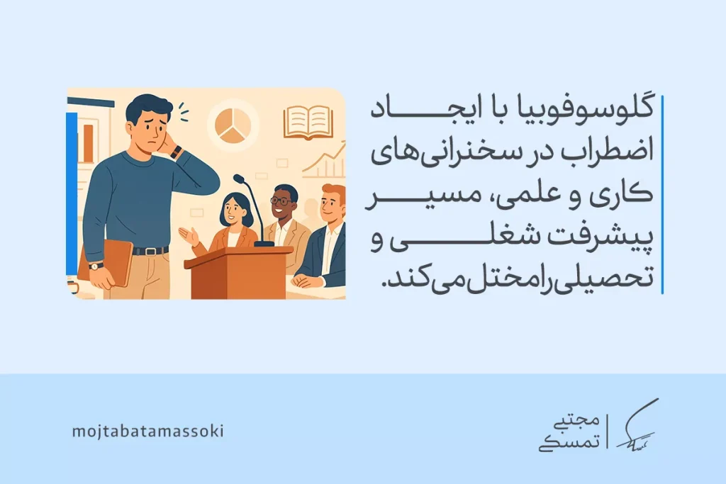 مردی مضطرب کنار تریبون ایستاده و در حضور جمع احساس نگرانی دارد، زیرا ترس از سخنرانی مسیر شغلی او را مختل کرده است.