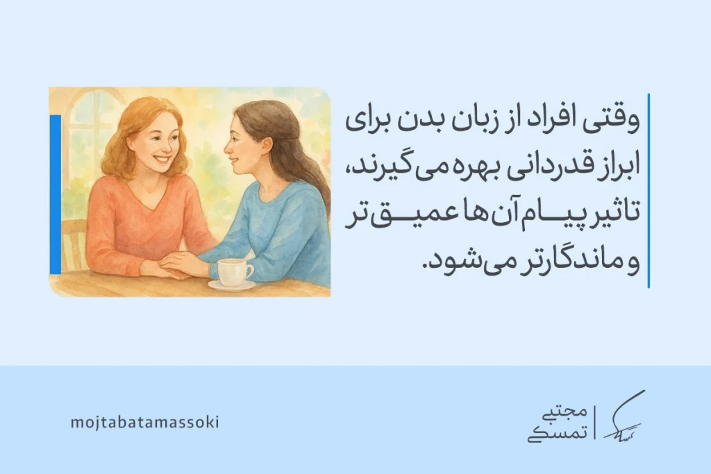 قدردانی چیست و چطور به شیوهای مؤثر تشکر کنیم؟ 3 در تصویر دو زن با لبخند و تماس صمیمی در حال گفتوگو هستند و نشان میدهند که زبان بدن در قدردانی میتواند تأثیری عمیق و ماندگار داشته باشد.
