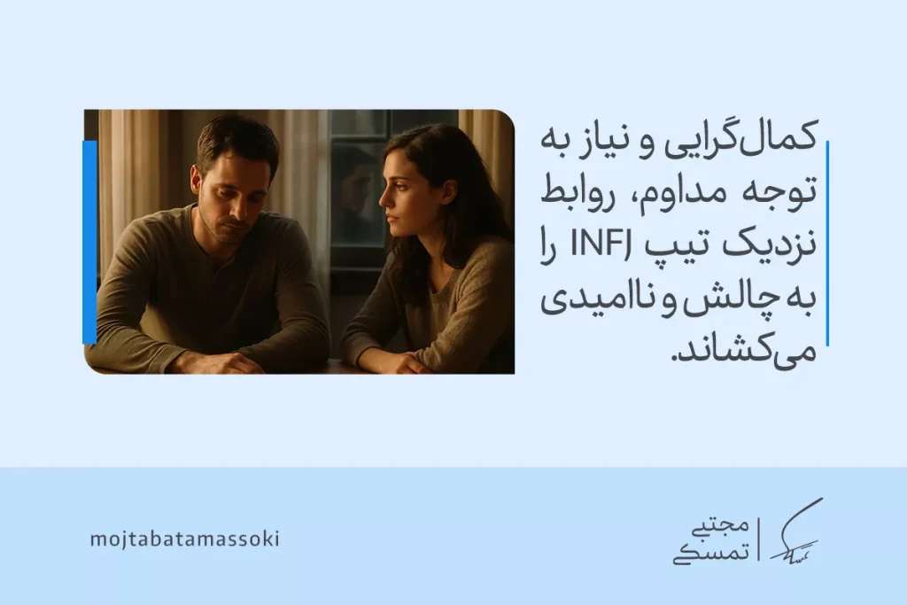 تیپ شخصیتی INFJ چیست؟ ویژگیها و تحلیل کامل این شخصیت 6 زن و مردی غمگین روبهروی هم نشستهاند و نشان میدهد کمالگرایی و حساسیت عاطفی در تیپ شخصیتی INFJ میتواند روابط را دچار چالش کند.