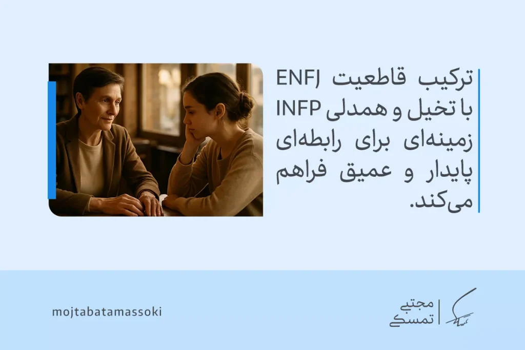 دو نفر در گفت‌وگویی صمیمی غرق شده‌اند؛ ترکیب تخیل و همدلی در تیپ شخصیتی INFP رابطه‌ای عمیق و پایدار می‌سازد.