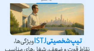 تصویر مردی منظم با تبلت که روبه‌روی شهر ایستاده، مفهوم ویژگی‌ها و نقاط قوت ISTJ را بازتاب می‌دهد و نقش تیپ شخصیتی istj را بیان می‌کند.