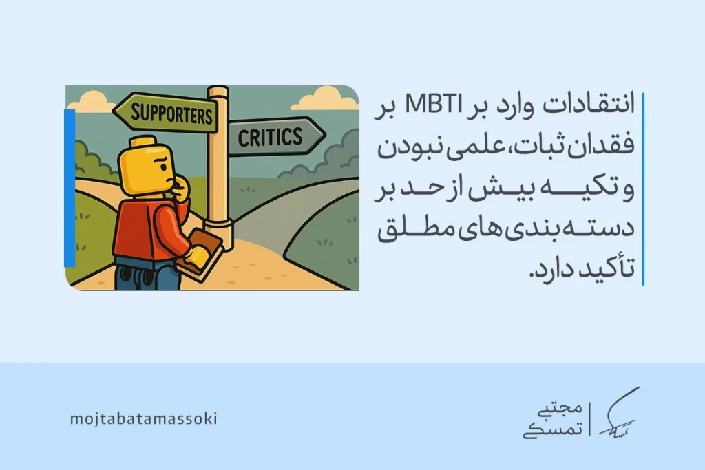 انواع تیپ شخصیتی MBTI و معرفی کامل و کاربردها 23 عکس آدمک زرد ایستاده در دو راهی با تابلوی منتقدان و حامیان که به تیپ شخصیتی mbti اشاره دارد و بیانگر تردید و تفکر انتقادی است.