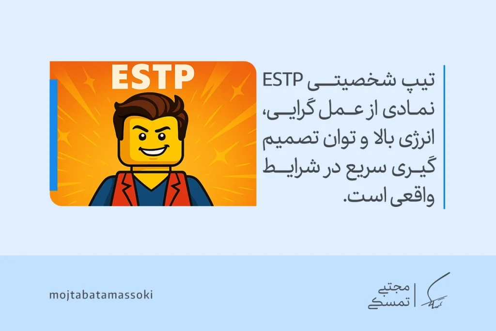 انواع تیپ شخصیتی MBTI و معرفی کامل و کاربردها 22 عکس آدمک زرد با موهای قهوهای و لبخند پرانرژی که تیپ شخصیتی mbti نوع ESTP را نمایش میدهد و بیانگر عملگرایی و تصمیمگیری سریع است.