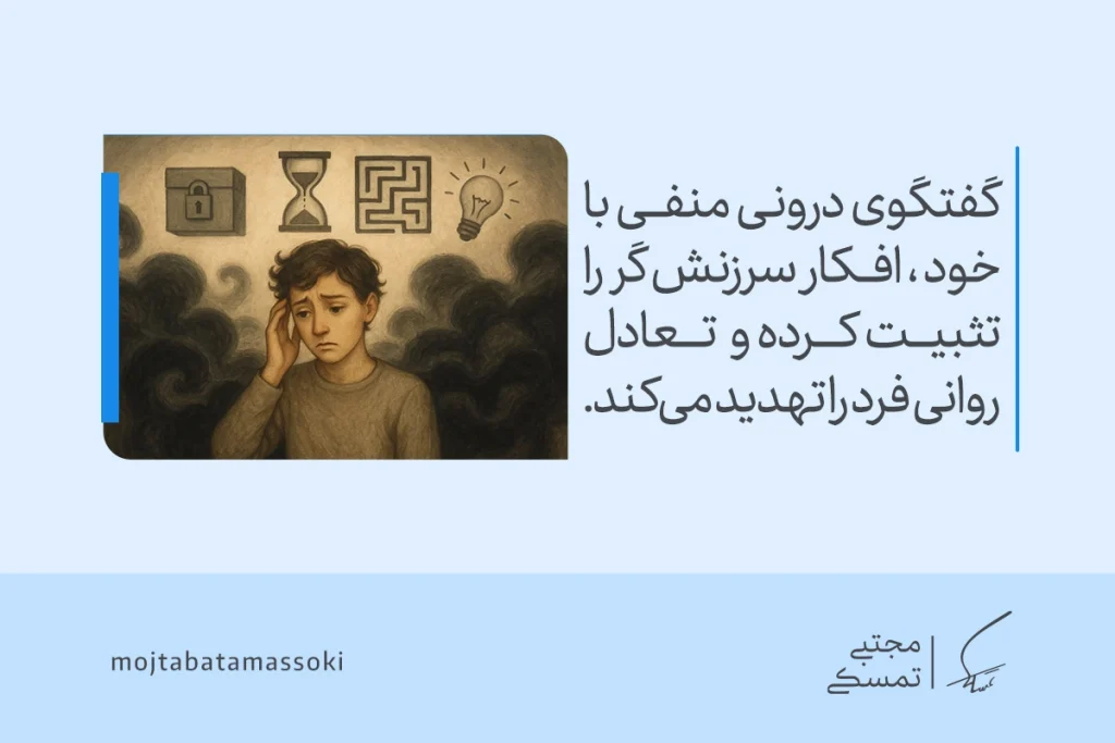 تفکر منفی چیست و چگونه آن را کنترل کنیم؟ 3 مردی غمگین در میان ابرهای تیره گرفتار تفکر منفی است و با گفتوگوی درونی منفی، دچار فشار ذهنی و تهدید تعادل روانی میشود.