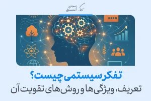 تصویر مغز انسان با چرخ‌دنده‌ها و شبکه‌های ارتباطی که مفهوم تفکر سیستمی و درک ارتباط میان اجزای مختلف سیستم را نشان می‌دهد.