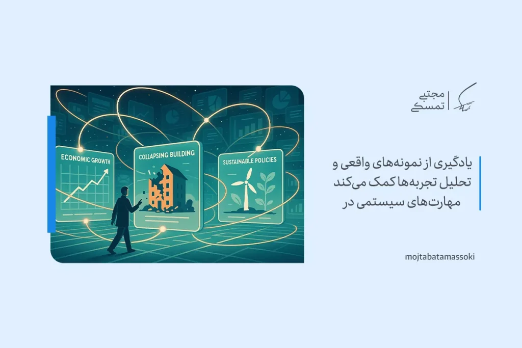 تفکر سیستمی چیست و چگونه آن را در خود پرورش دهیم؟ 5 تصویر فردی در حال تحلیل نمودارها و رویدادها که نشاندهنده نقش تجربه و تحلیل در یادگیری مهارتهای تفکر سیستمی است.