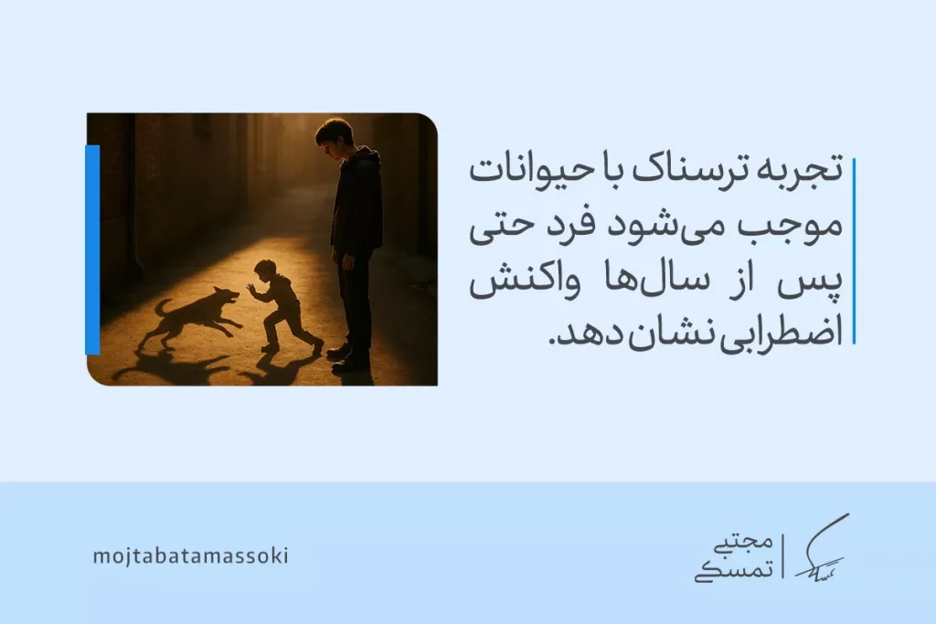 ترس از حیوانات (زوفوبیا) | علت، علائم و بهترین روشهای درمان 3 کودکی در برابر سگ در حال پارس کردن میترسد و مردی کنارش ایستاده و نشان میدهد تجربههای کودکی میتوانند ترس از حیوانات ایجاد کنند.