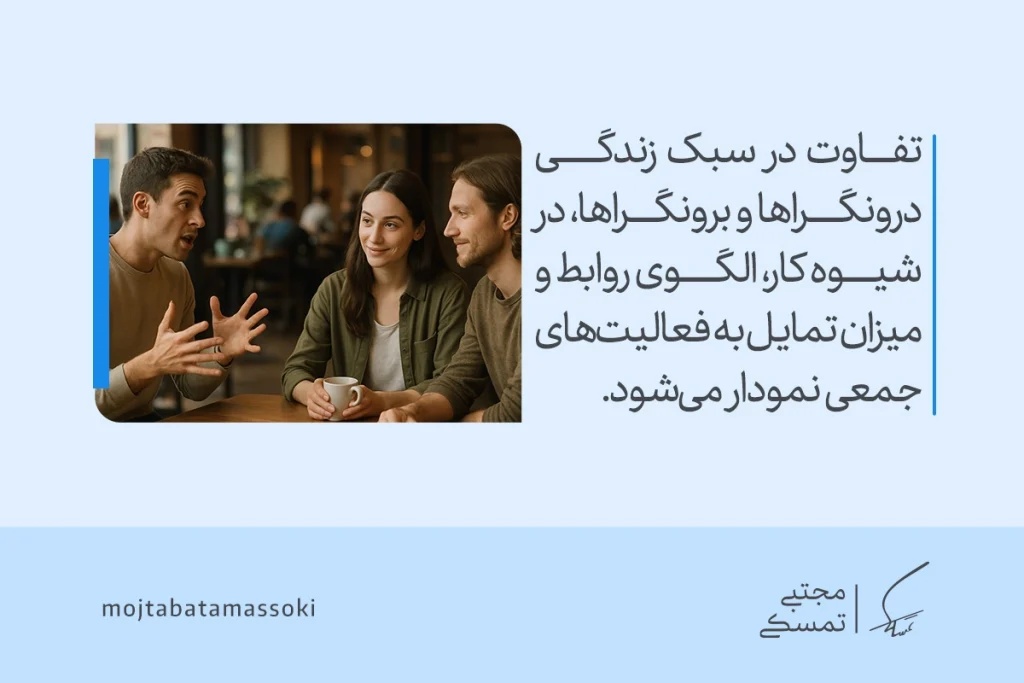 گفت‌وگوی سه نفره در کافه تفاوت در سبک زندگی و شیوه کار را بازتاب می‌دهد و تفاوت برونگرا و درونگرا را به‌روشنی نشان می‌دهد.