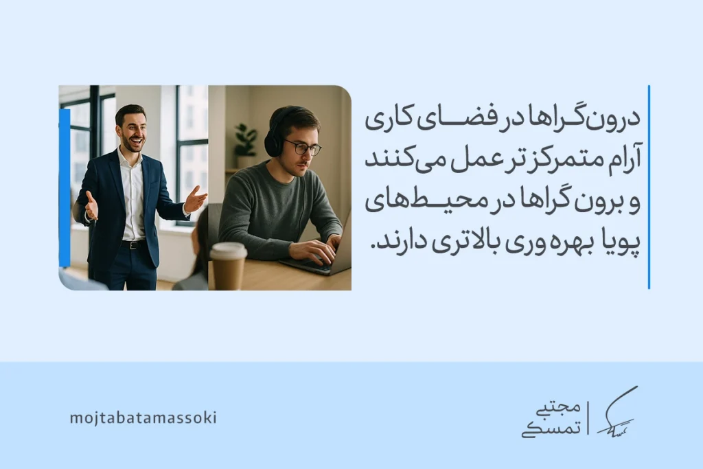 تصویر مردی اجتماعی و فردی متمرکز پشت لپ‌تاپ، تفاوت فضای کاری آرام و محیط‌های پویا را نشان می‌دهد و تفاوت برونگرا و درونگرا را برجسته می‌کند.