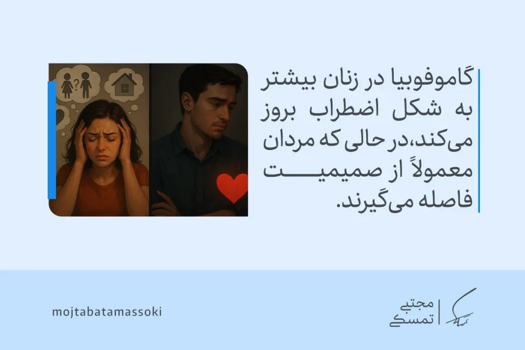 گاموفوبیا یا ترس از ازدواج؛ بررسی علمی، دلایل و راههای درمان 5 تصویری از زن و مردی مضطرب که نشان میدهد گاموفوبیا در زنان با اضطراب و در مردان با فاصلهگیری، ترس از ازدواج را شکل میدهد.