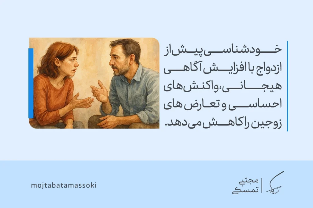 خودشناسی برای ازدواج | اهمیت، روشها و نقش آن در انتخاب همسر 3 تصویری از گفتوگوی زوجی درگیر که نشان میدهد خودشناسی پیش از ازدواج با افزایش آگاهی هیجانی و شناخت قبل از ازدواج تعارضهای زوجین را کاهش میدهد.