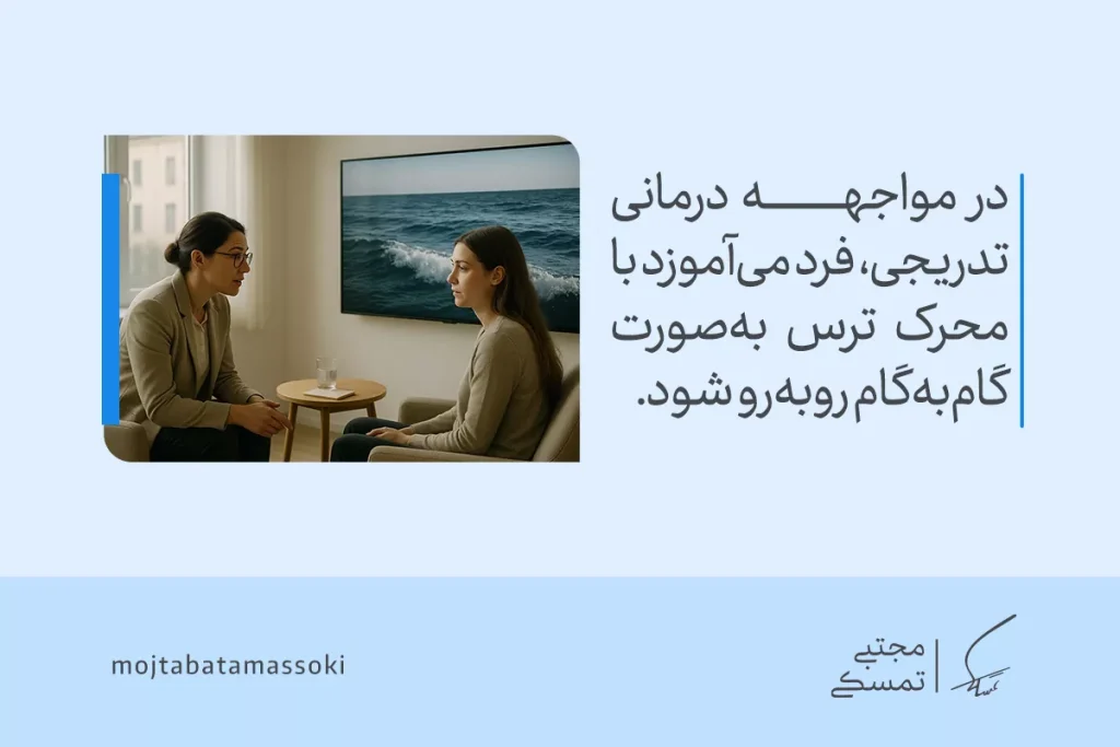 تالاسوفوبیا یا ترس از اقیانوس و دریا چیست؟ علائم و روشهای درمان 6 زنی در جلسه درمانی با روانشناس درباره مواجهه تدریجی با محرک ترس گفتگو میکند و درمان ترس از اقیانوس را تمرین میکند.