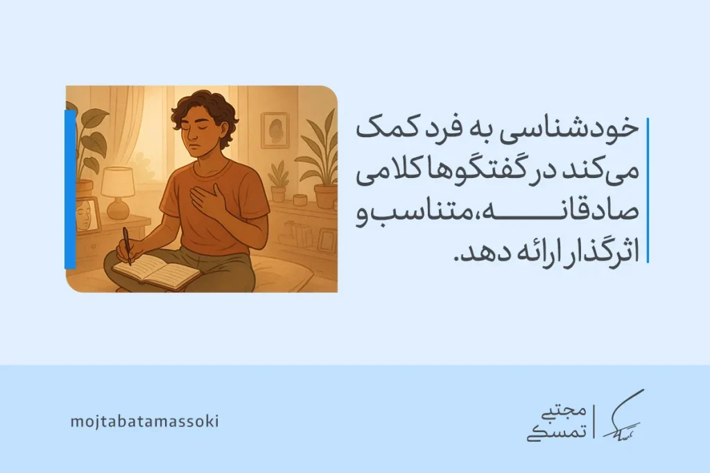 چطور جذابیت کلامی خود را تقویت کنیم؟ راههای طلایی برای جذاب حرف زدن 6 تصویر فردی در حال خودشناسی و نوشتن که نشان میدهد شناخت احساسات شخصی، بیان صادقانه و جذابیت کلامی را تقویت میکند.