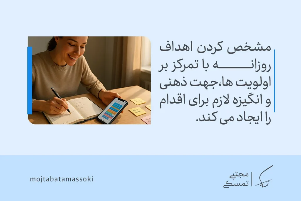 چگونه برای زندگی خود برنامهریزی روزانه مؤثر داشته باشیم؟ 4 تصویری از مشخصکردن اهداف در دفتر و موبایل کنار یادداشتها که نشان میدهد برنامه ریزی روزانه انگیزه و جهت اقدام را ایجاد میکند.