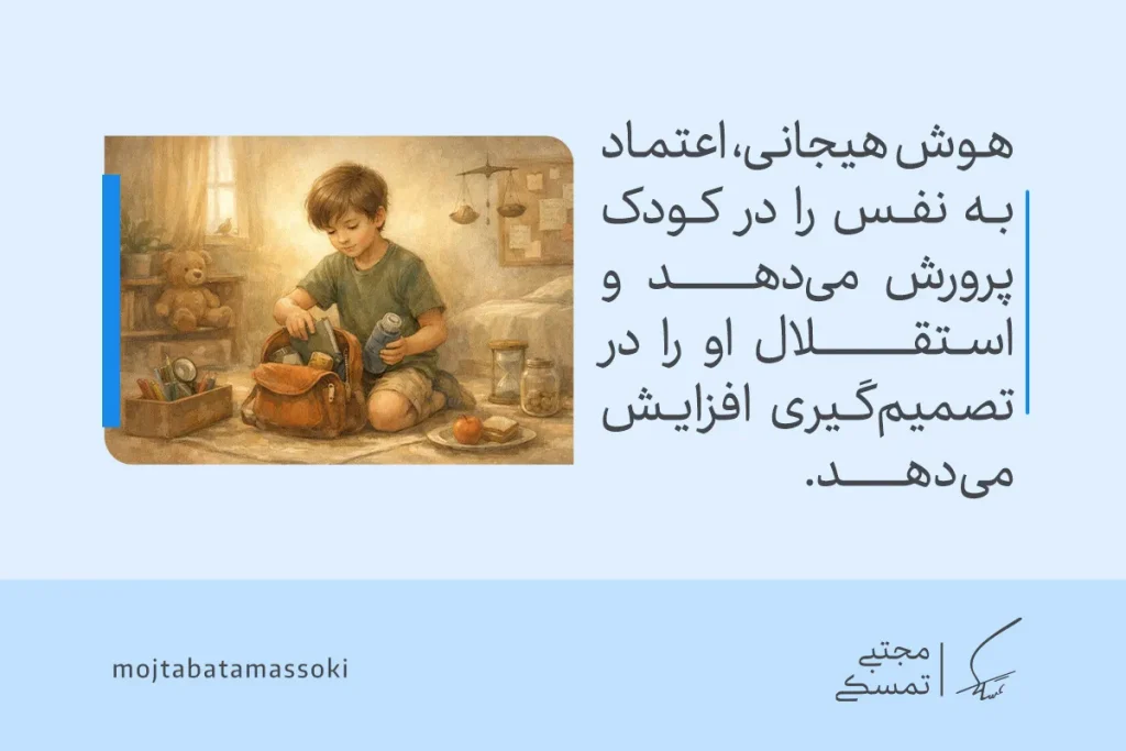 هوش هیجانی کودک: تعریف، نشانهها و راههای تقویت EQ 3 تصویری از کودکی در حال آمادهکردن وسایلش که نشان میدهد هوش هیجانی کودک با تقویت اعتماد به نفس و استقلال در تصمیمگیری رشد میکند.