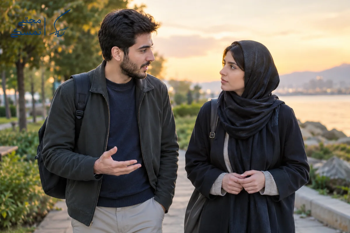 زوج جوان در حال گفت‌وگو درباره شرایط ازدواج و آمادگی برای زندگی مشترک