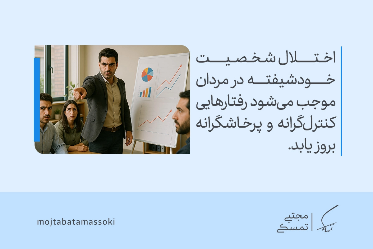 مردی عصبانی در جلسه کاری با رفتاری سلطهجویانه اشاره میکند که ویژگیهای شخصیت خود شیفته میتواند واکنشهای پرخاشگرانه ایجاد کند.