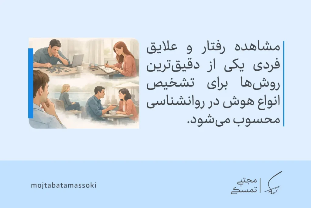 شناخت انواع هوش در روانشناسی + روش تشخیص و اهمیت و کاربرد 5 تصویری از موقعیتهای مختلف تعامل و تمرکز فردی که مشاهده رفتار را به عنوان روشی برای تشخیص انواع هوش در روانشناسی بیان میکند.