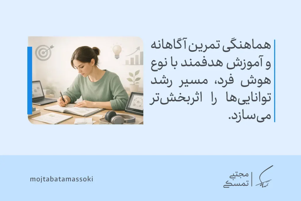 شناخت انواع هوش در روانشناسی + روش تشخیص و اهمیت و کاربرد 6 تصویری از دختری در حال مطالعه و برنامهریزی که نشان میدهد هماهنگی آموزش با انواع هوش مسیر رشد تواناییها را مؤثرتر میکند.