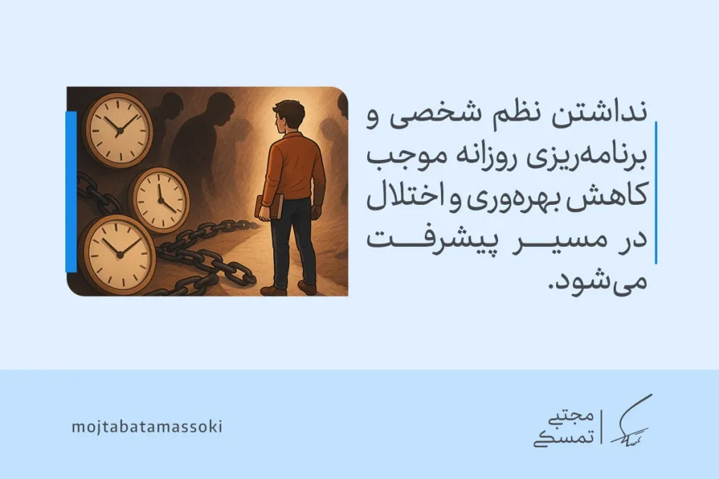 موانع رسیدن به هدف چیست؟ دلایل و راههای غلبه بر آنها 3 تصویری از فردی روبهروی ساعتها و زنجیرها که نشان میدهد موانع رسیدن به هدف با بینظمی شخصی مسیر پیشرفت را مختل میکند.