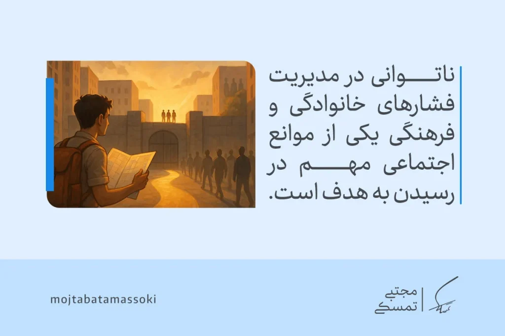 موانع رسیدن به هدف چیست؟ دلایل و راههای غلبه بر آنها 5 تصویری از فردی با نقشه در برابر جمعیت و مسیر نامشخص که نشان میدهد موانع رسیدن به هدف اجتماعی با فشارهای فرهنگی رسیدن به هدف را دشوار میکند