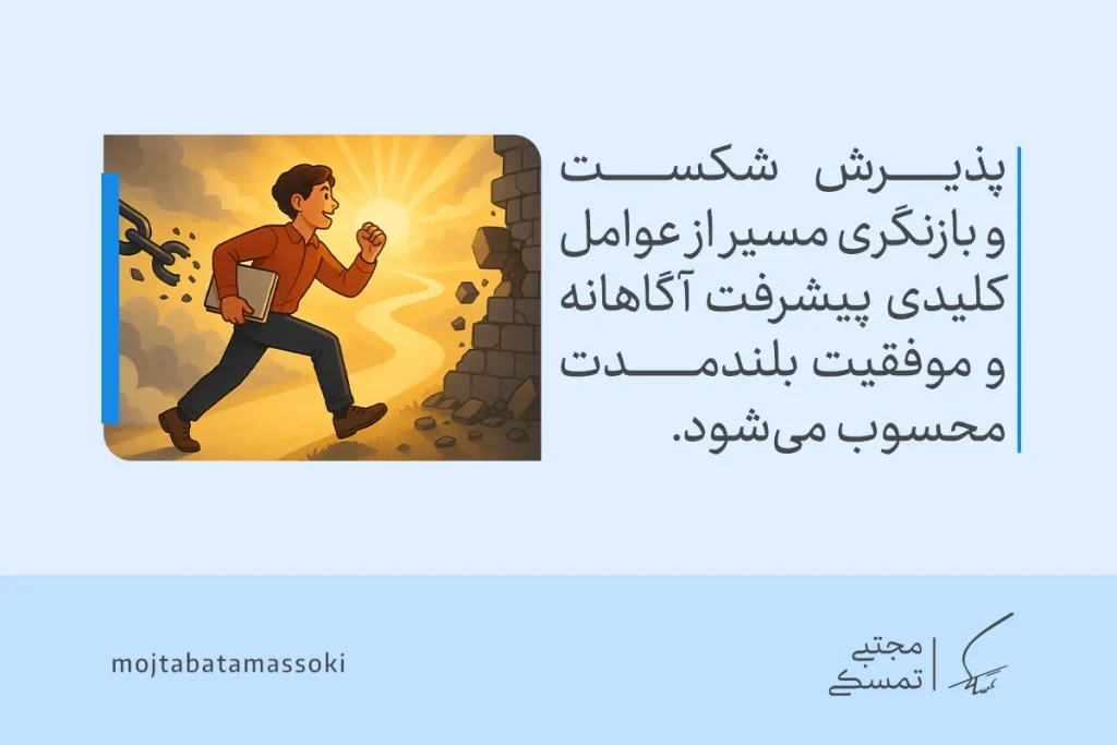 موانع رسیدن به هدف چیست؟ دلایل و راههای غلبه بر آنها 6 تصویری از فردی که با شکستن زنجیرها به سوی مسیر روشن میدود و نشان میدهد موانع رسیدن به هدف با پذیرش شکست قابل عبور میشود.