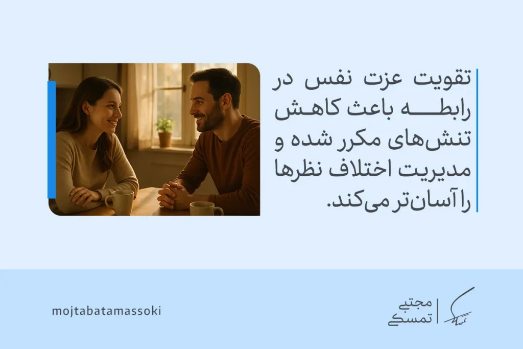 تصویر گفتگوی زن و مرد با فنجان قهوه که نشان میدهد عزت نفس در رابطه تنشها را کاهش داده و مدیریت اختلاف را آسان میکند.