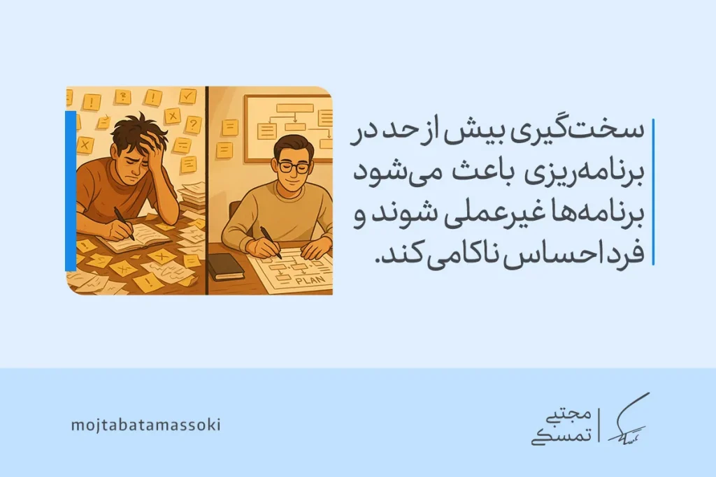 راهنمای جامع فواید برنامهریزی برای رشد فردی 6 تصویری از دو مرد در حال برنامهریزی که سختگیری بیش از حد باعث غیرعملی شدن برنامهها میشود و اهمیت برنامه ریزی را یادآوری میکند.