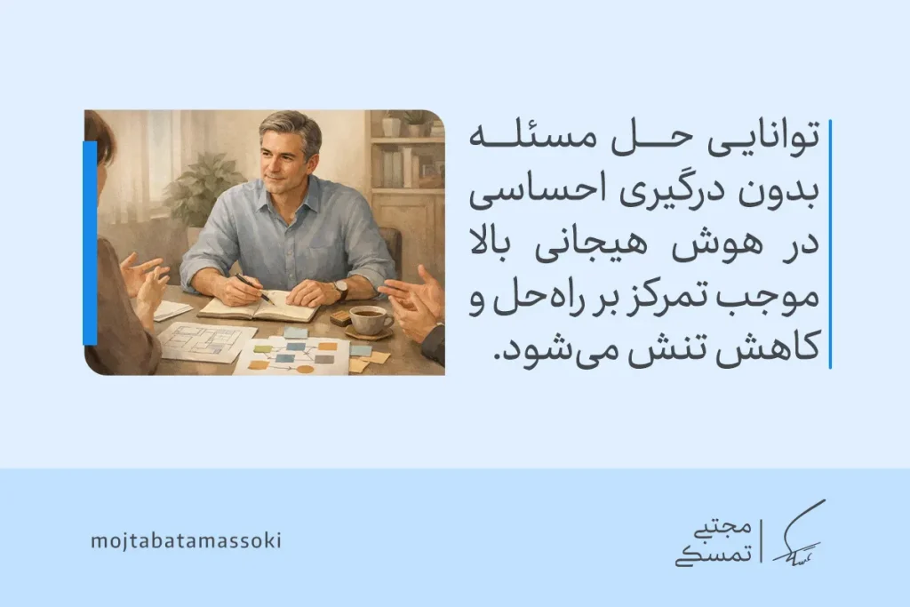 نشانه های هوش هیجانی بالا چیست؟ (راهنمای کامل و علمی) 5 تصویری از مردی در حال گفتوگوی کاری که نشان میدهد در هوش هیجانی بالا توانایی حل مسئله بدون درگیری احساسی به تمرکز بر راهحل کمک میکند.