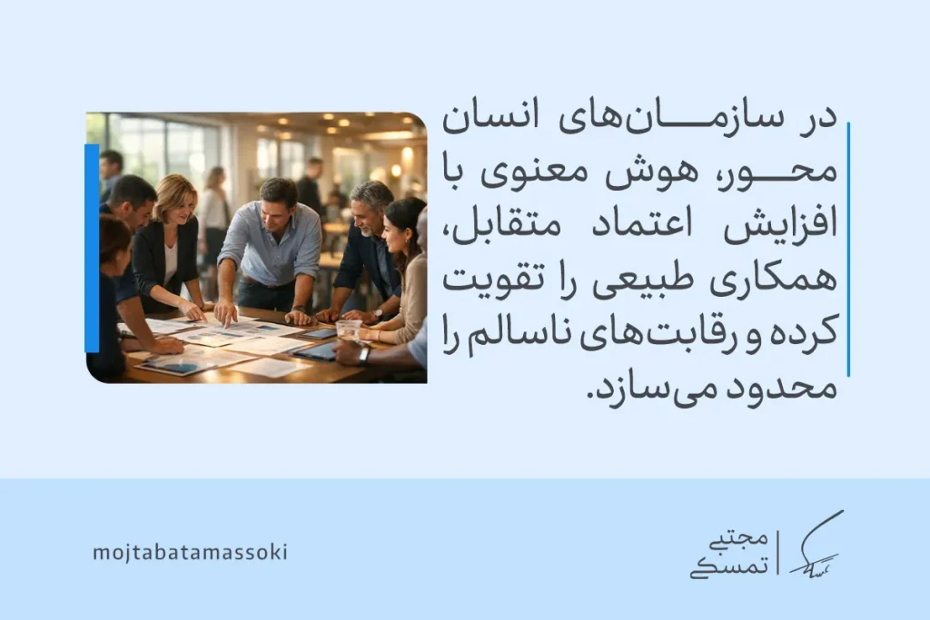 همه چیز درباره هوش معنوی | تعریف، نشانهها و تاثیرات 6 تصویری از جلسه کاری گروهی که نشان میدهد هوش معنوی در سازمانهای انسانمحور اعتماد متقابل را افزایش داده و همکاری سالم را تقویت میکند.