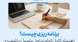تصویر یادداشت‌برداری در دفتر کنار لپ‌تاپ که نشان می‌دهد برنامه ریزی با شناخت اصول و مراحل،‌مسیر انجام هدفمند کارها را مشخص می‌کند.