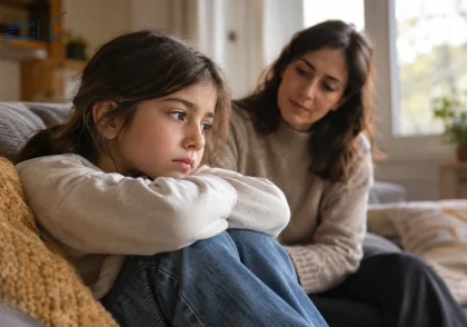 کودک غمگین با علائم افسردگی در کنار والدینش در خانه