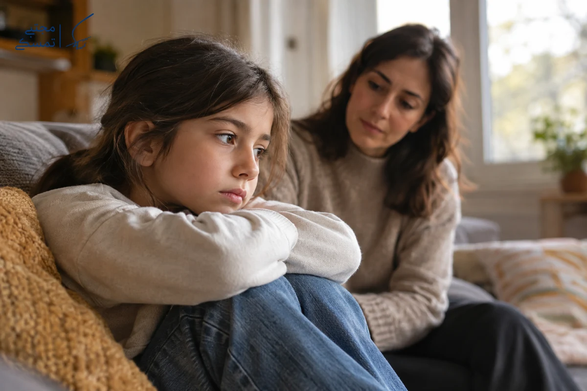 کودک غمگین با علائم افسردگی در کنار والدینش در خانه
